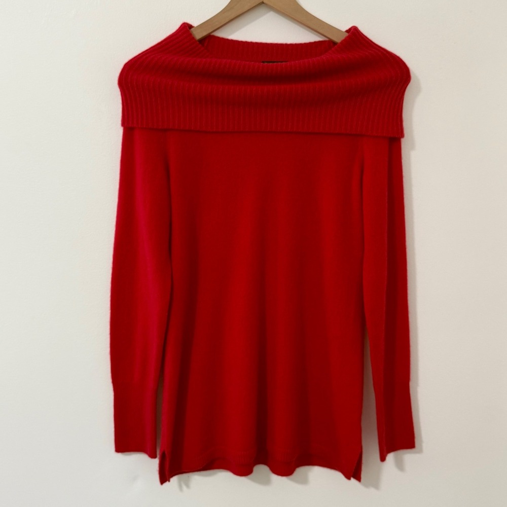 Cashmere Sweater‎ Womens XS Red Off Shoulder Cowl Neck Quiet Luxury Old Money